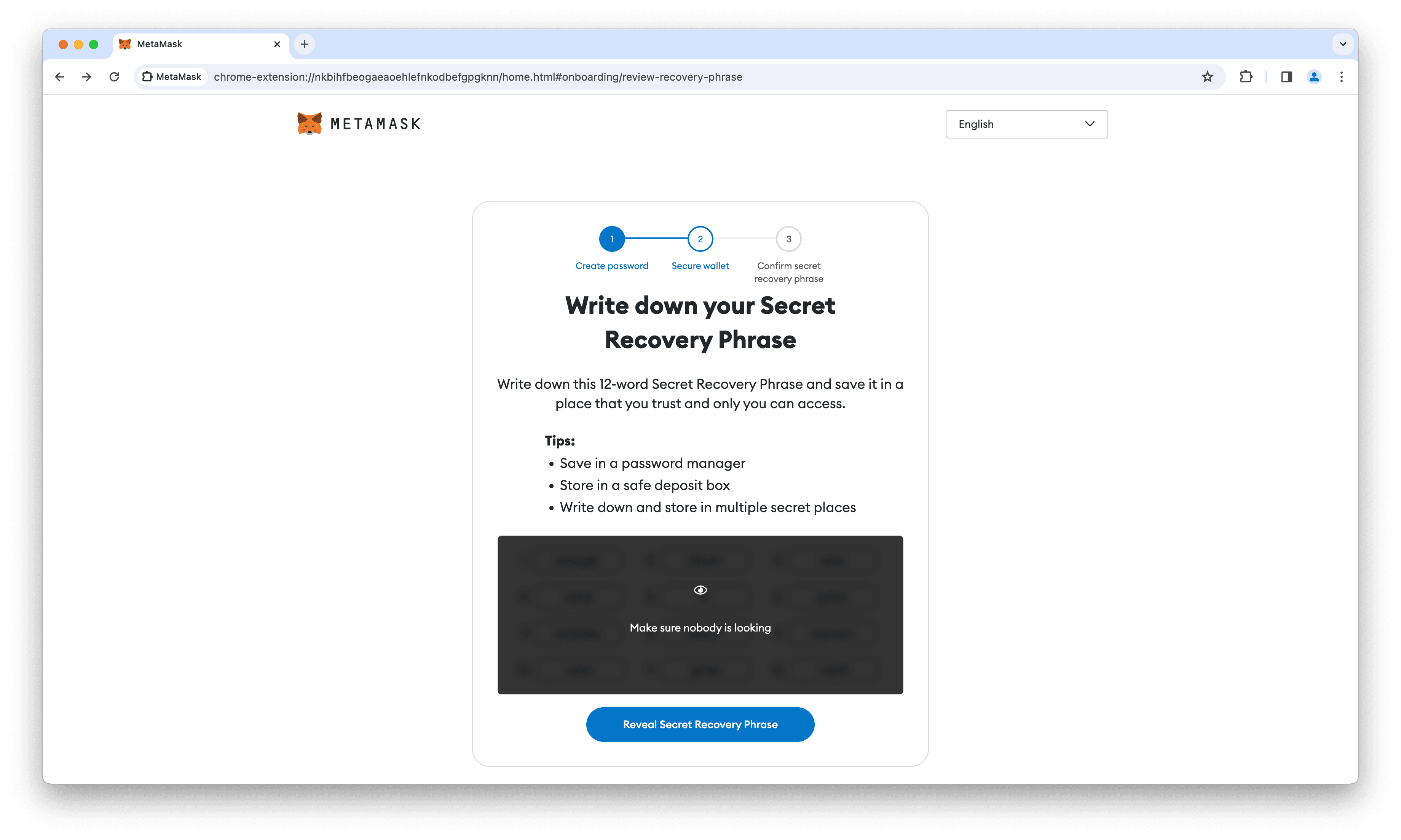 MetaMask recovery phrase page.