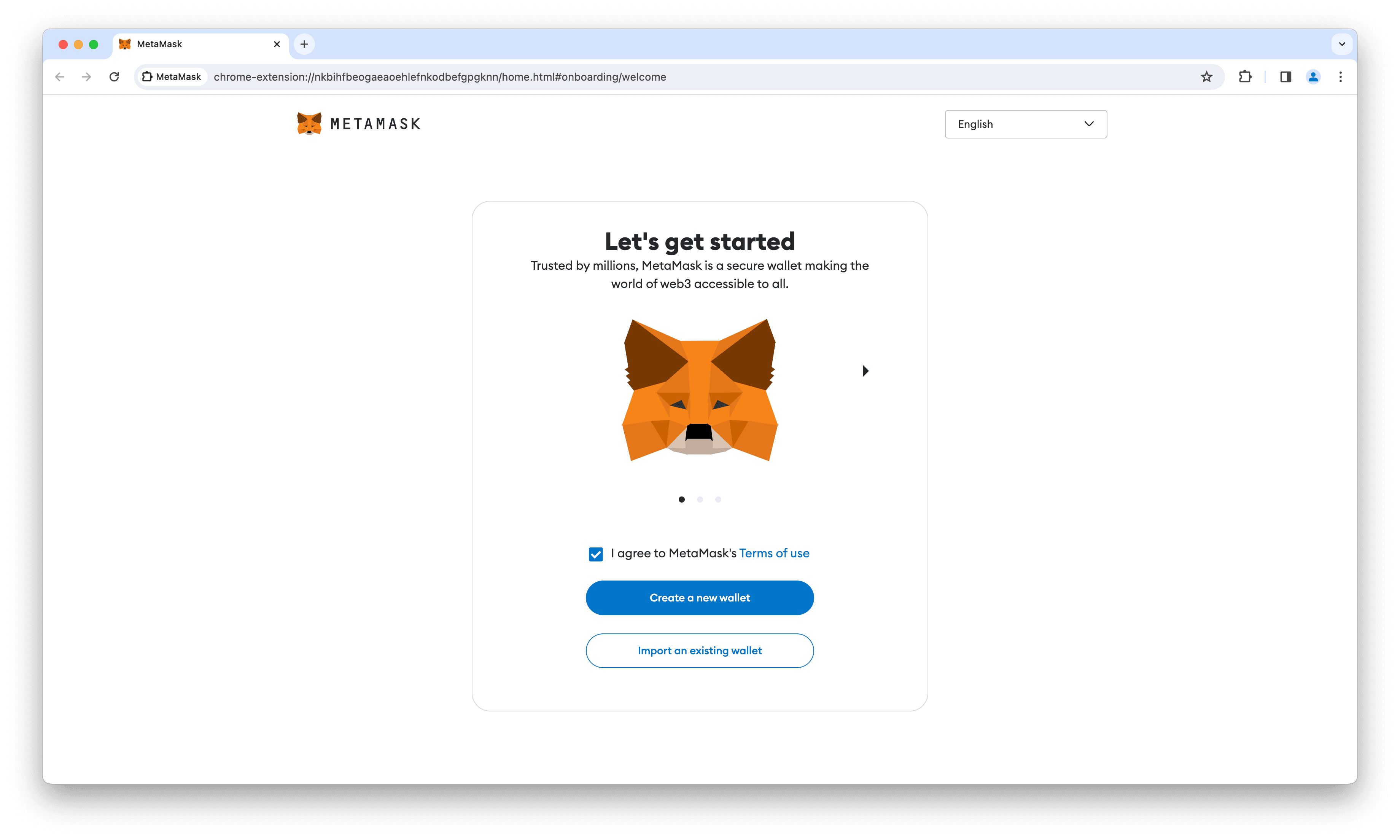 MetaMask wallet creation page.