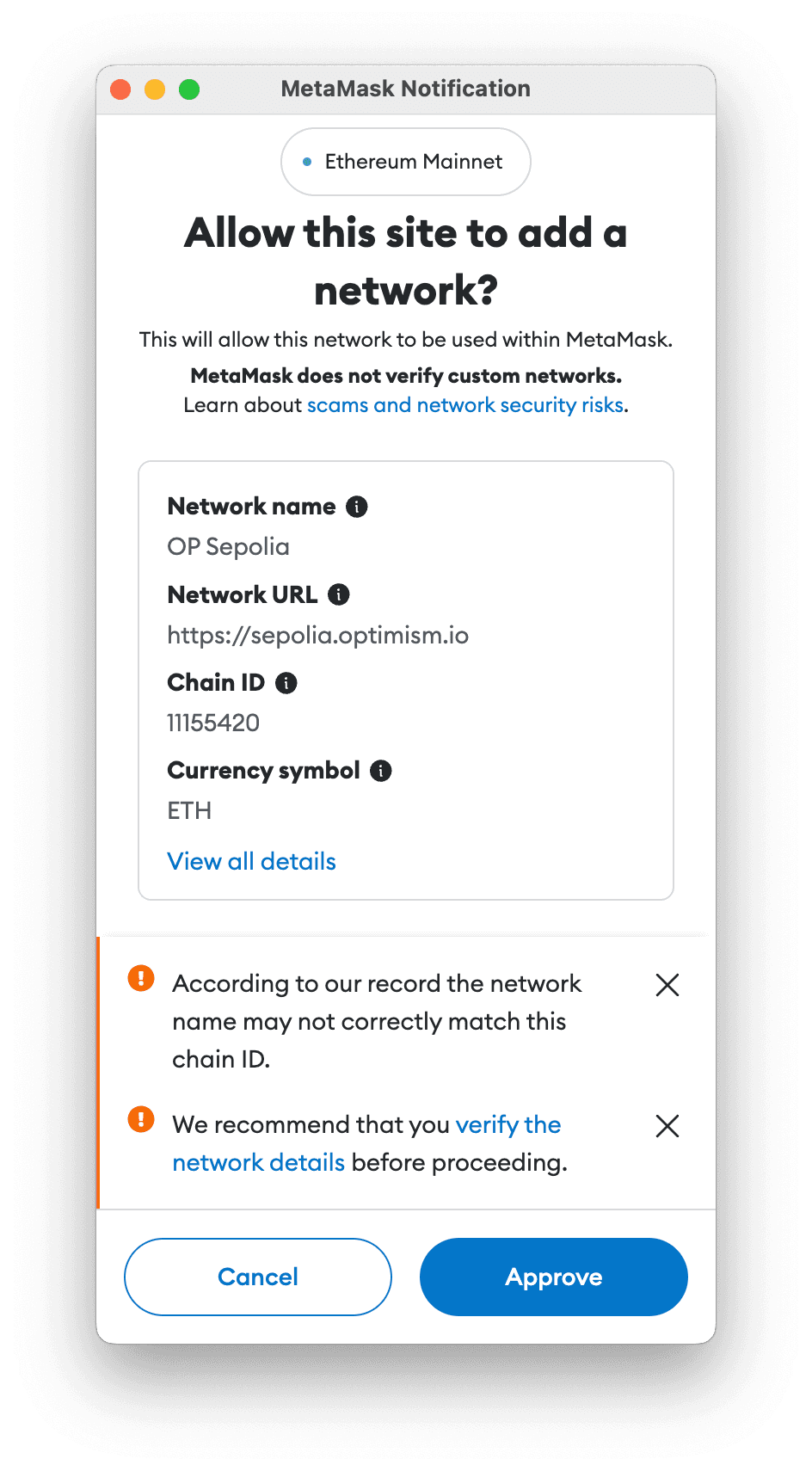 MetaMask window with the network approval pane open.